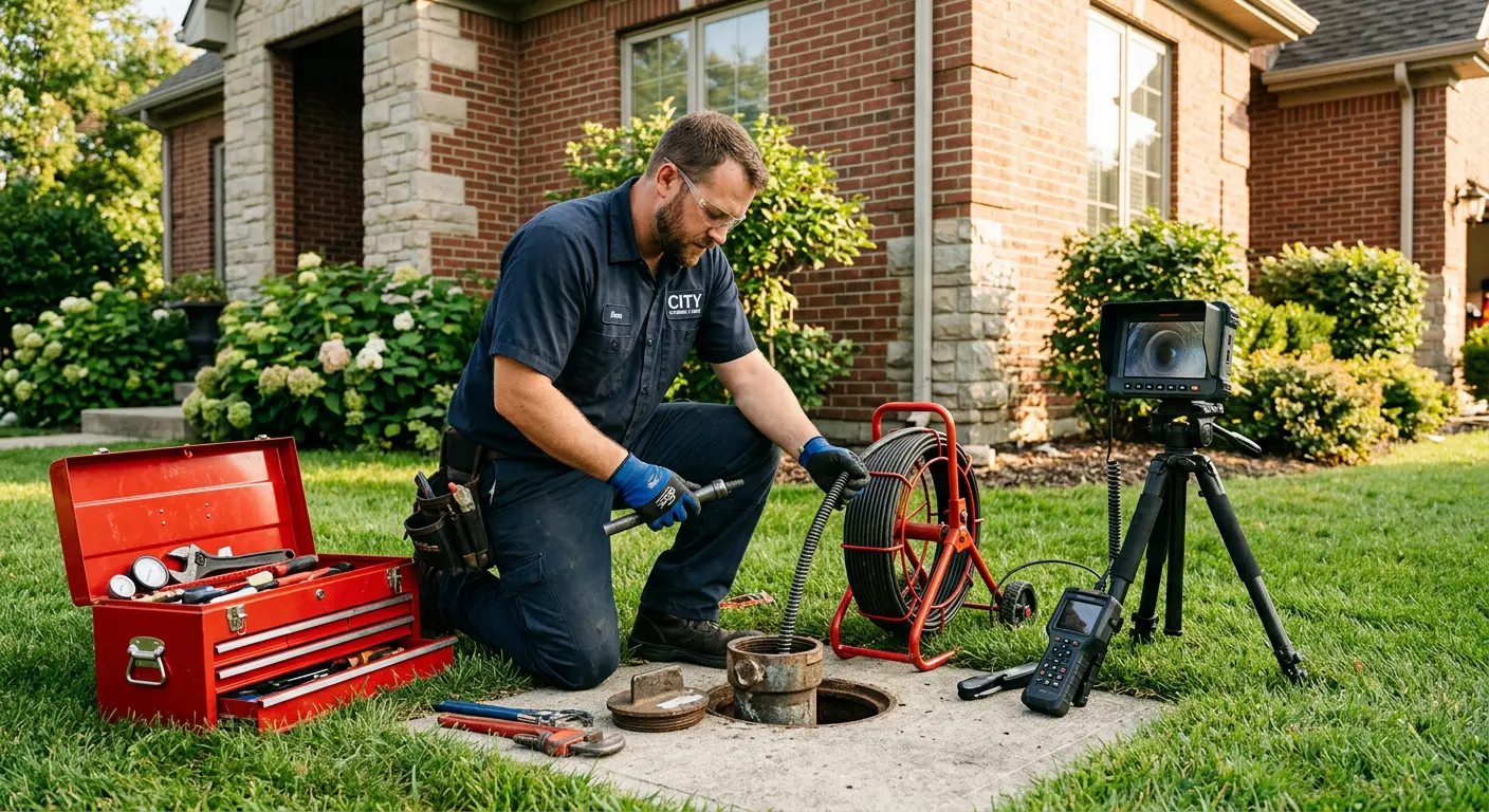 Sewer specialist with camera equipment servicing a cleanout in Maitland