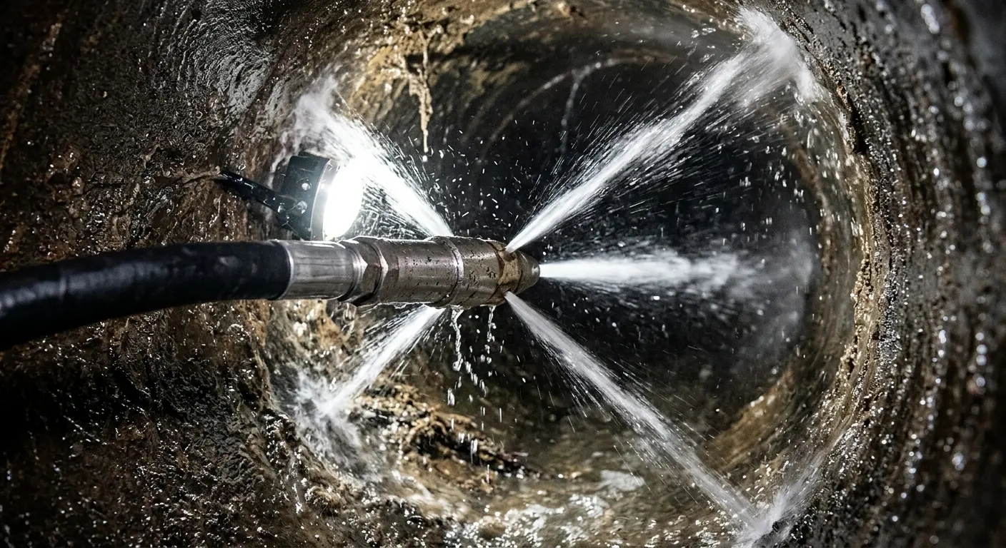 High-pressure hydro jetting nozzle cleaning sewer pipe for Emergency Drain Service in Maitland