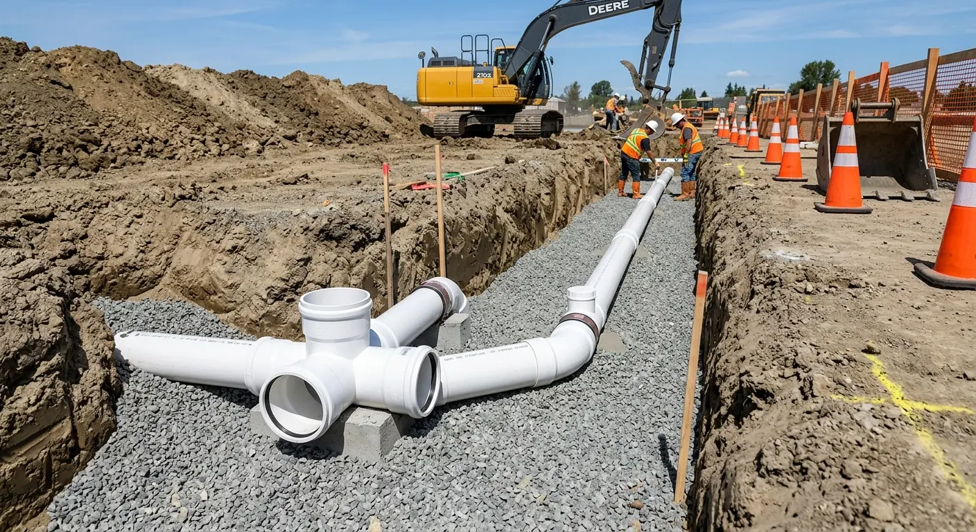 New PVC sewer pipe installation in open trench for Sewer Backup in Maitland